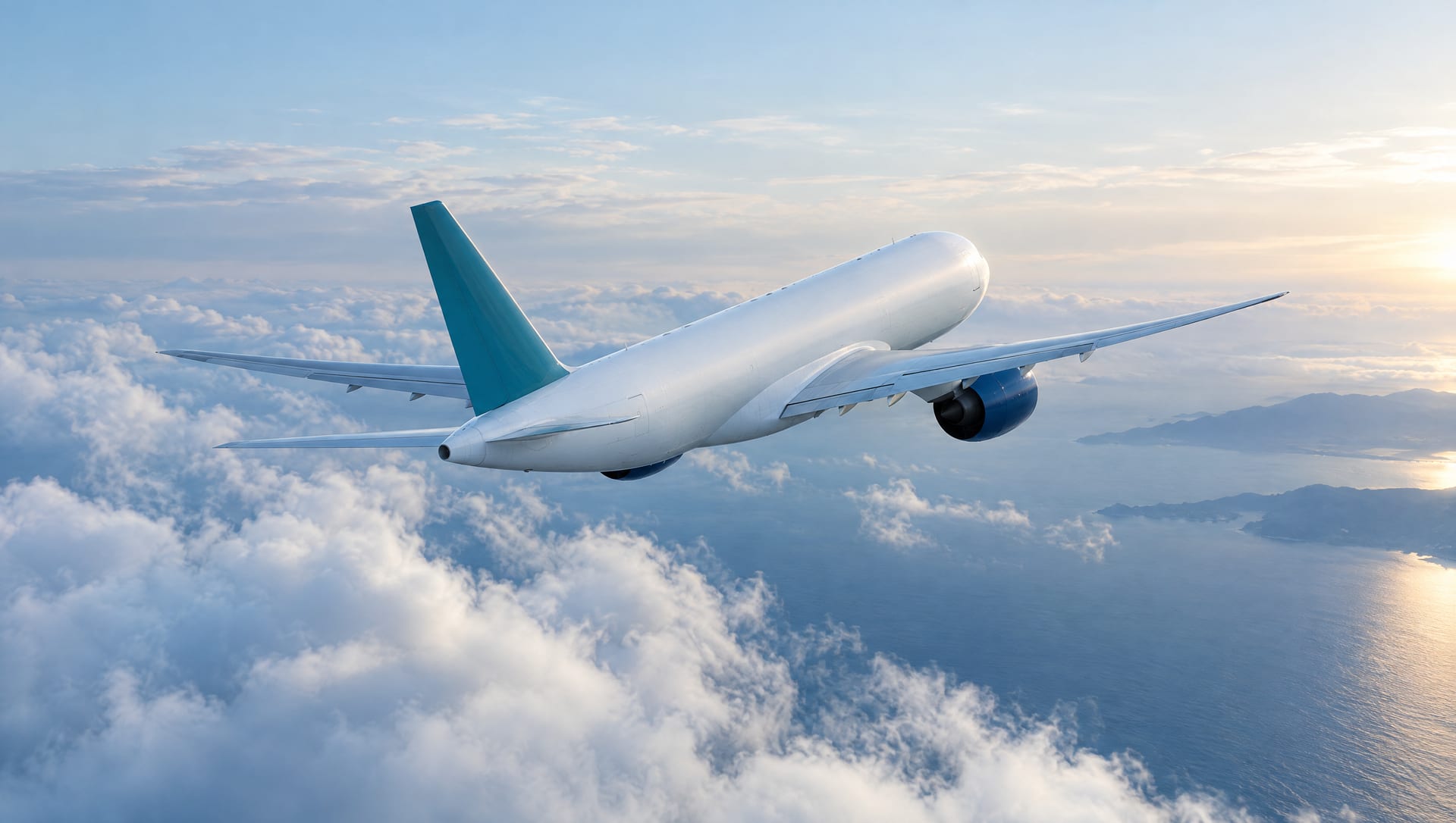 A white cargo aircraft with a teal tail climbing through clouds at dawn