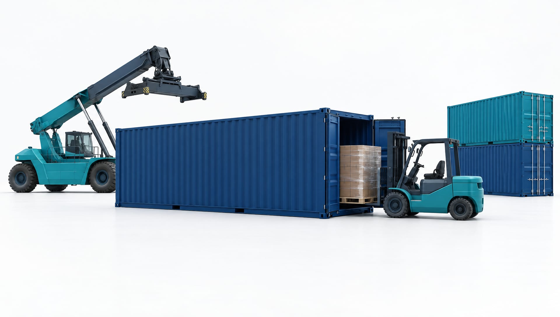A navy shipping container being loaded by a teal forklift in a white studio, with a reach stacker waiting behind
