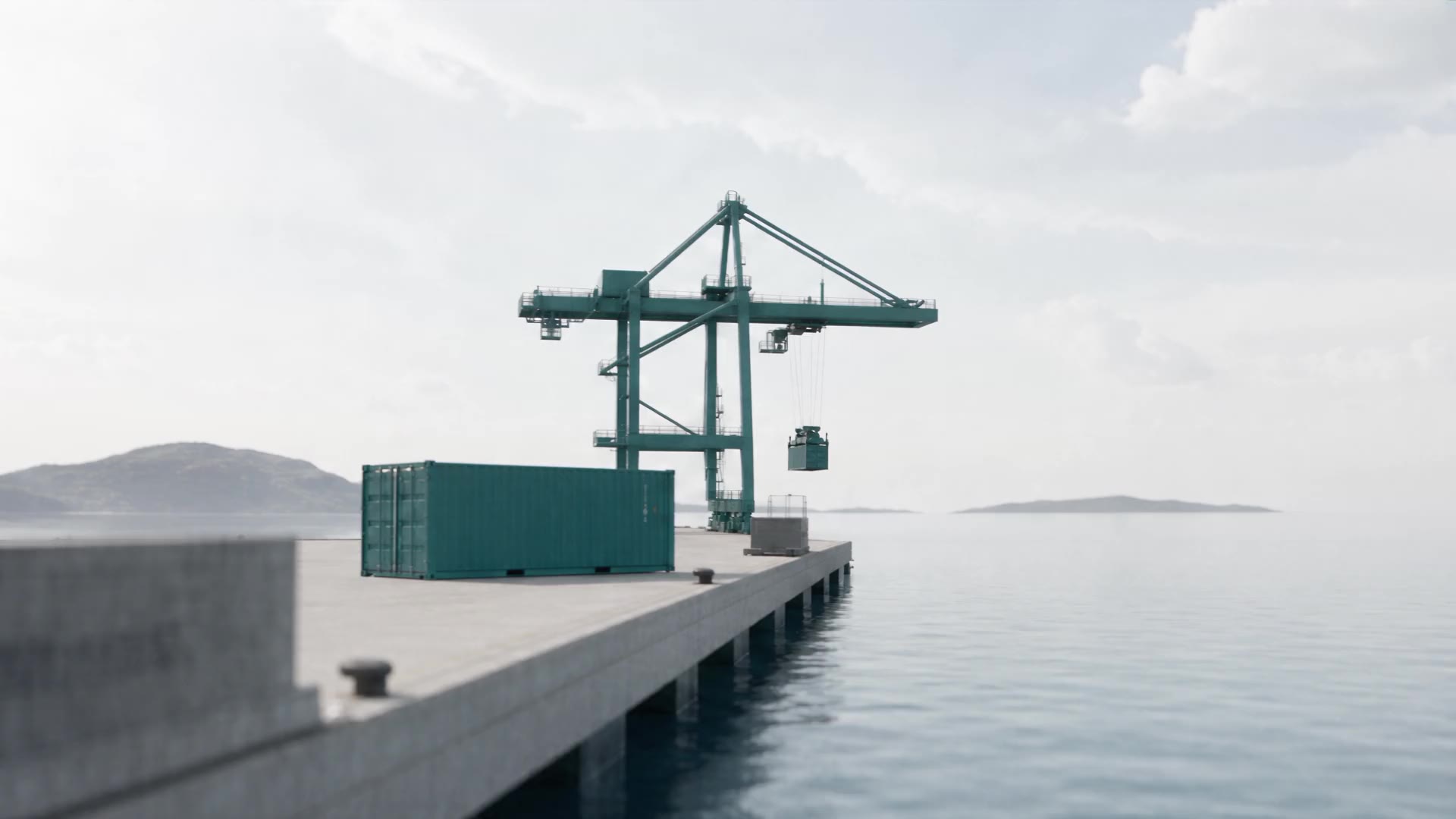 A quay crane lowering a teal container onto a ship at a port