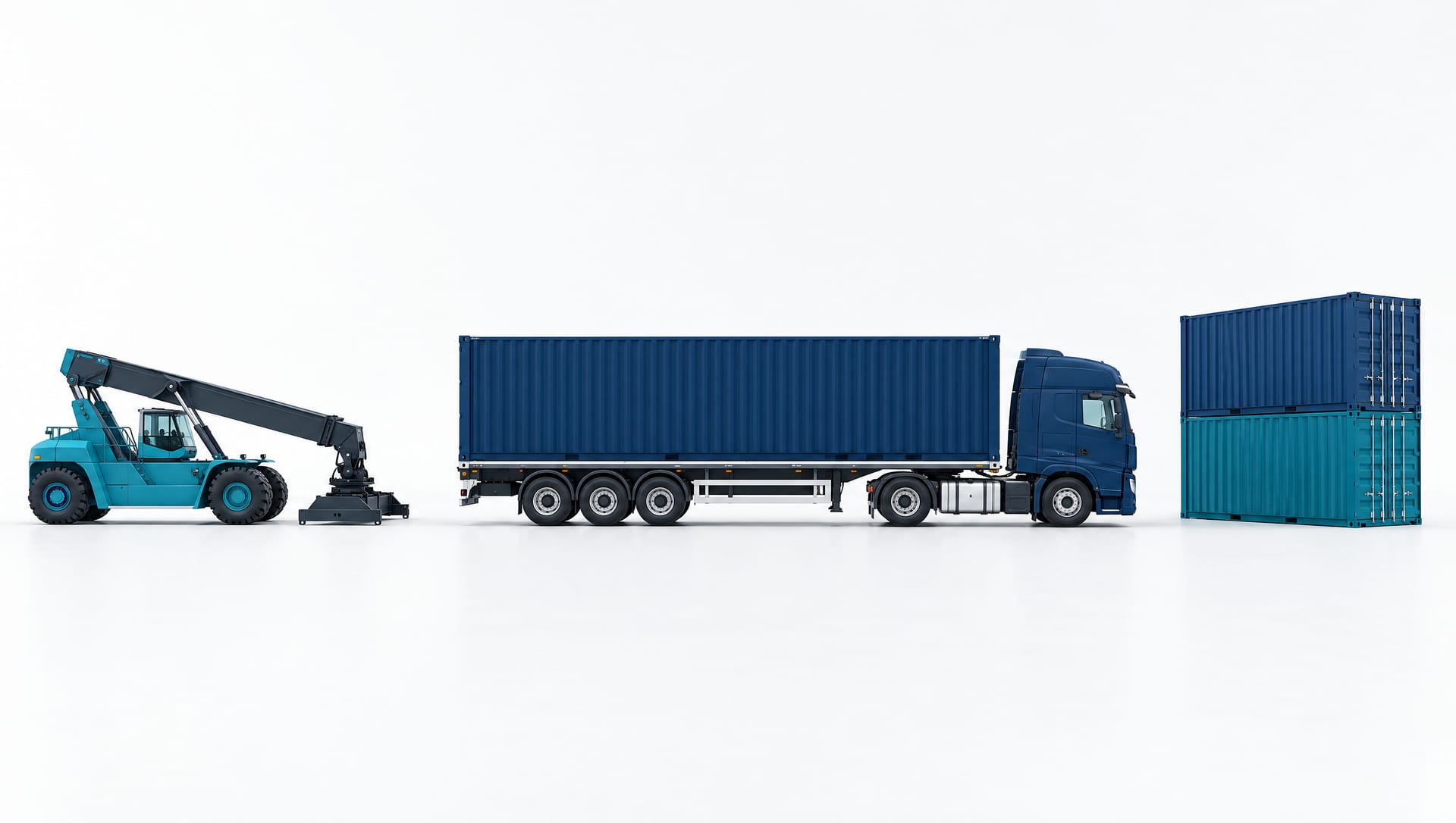 A container truck carrying a navy container in a white studio