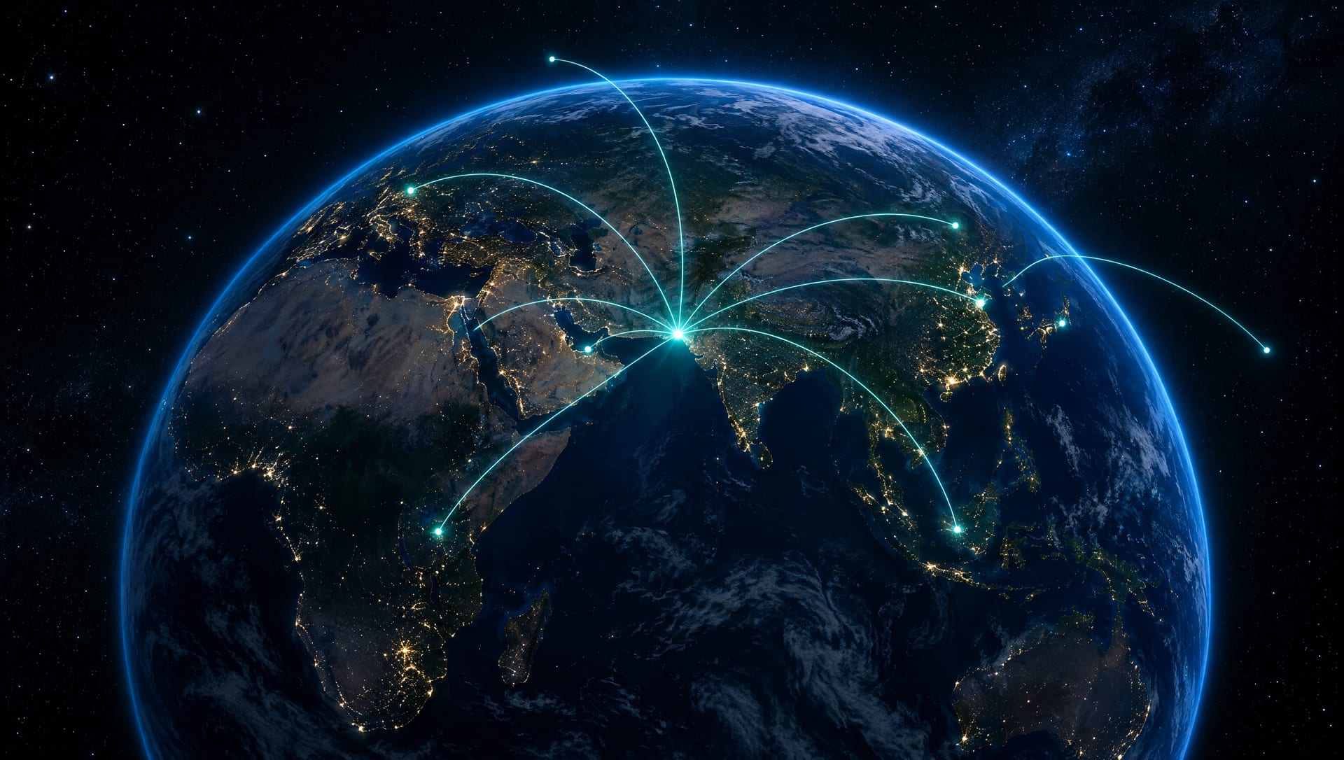 A globe seen from space with glowing route lines spreading out from Karachi to the world